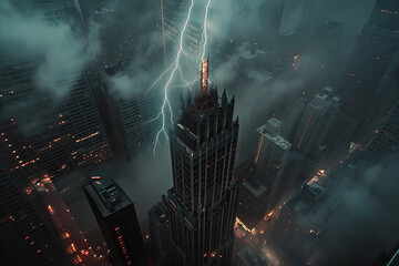 Aerial view of a lightning strike on a skyscraper