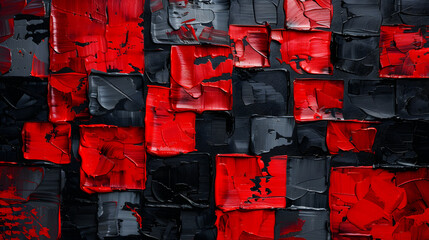 A painting of red and black squares with a black and red background. The squares are all different sizes and are all red