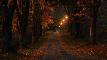 A winding country road lined with tall swaying trees bathed in the warm glow of streetlights. The fallen leaves crunch underfoot and . .