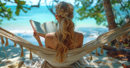 woman lying in a hammock on a tropical beach and reading a book - Powered by Adobe