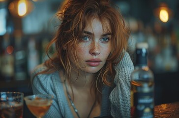 woman drinking in a bar surrounded by alcoholic beverages - obrazy, fototapety, plakaty
