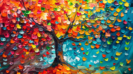 A colorful abstract painting of a tree with a vivid autumnal palette