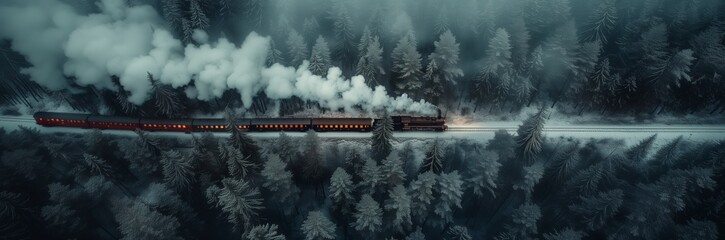 Top down view of steam train going throw dark hazy forest. Long side panoramic picture with railroad, train and wagons and a lot of fir trees.