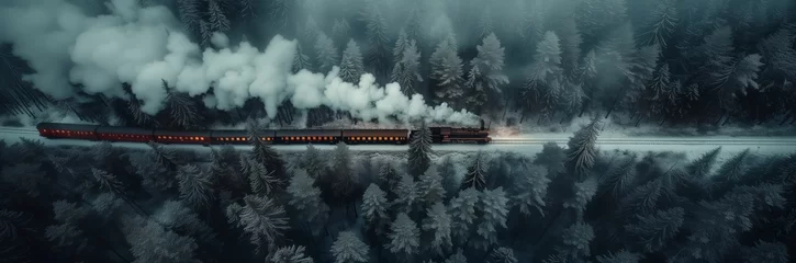 Poster Top down view of steam train going throw dark hazy forest. Long side panoramic picture with railroad, train and wagons and a lot of fir trees. © vellot