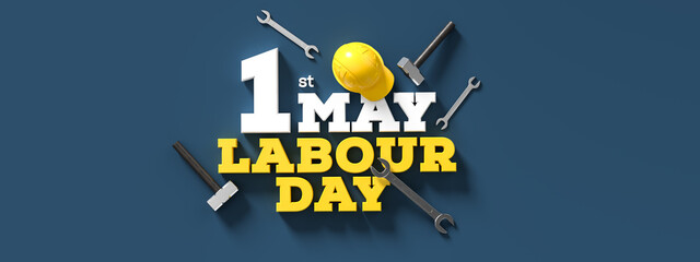 Labour day background design with hammer isolated on blue background. 1st May Labour day background. 3D illustration