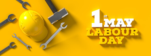 Labour day background design with wrenches isolated on yellow background. 1st May Labour day background. 3D illustration