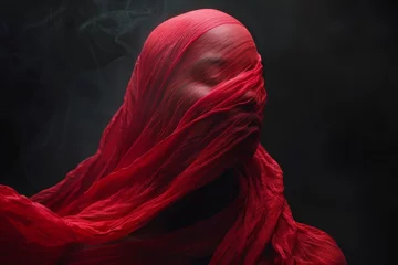 Poster portrait of a woman with her head covered in a red fabric on a grey studio background © Salander Studio
