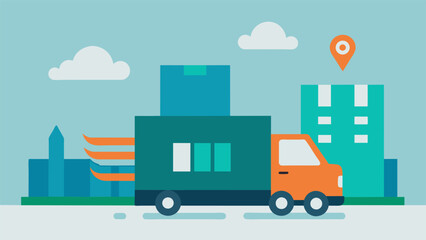 Naklejka premium A shot of a delivery truck leaving the factory with a Delivered to Our Customers with Care logo emphasizing the personalized service that comes
