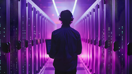 Computer engineer working on laptop computer with server room, data center, big data storage as backgrounds. generative ai.