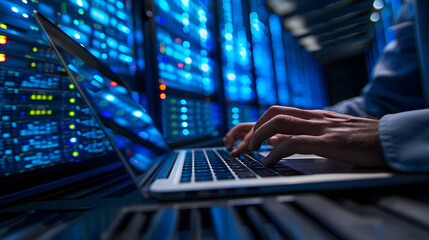 Computer engineer working on laptop computer with server room, data center, big data storage as backgrounds. generative ai.
