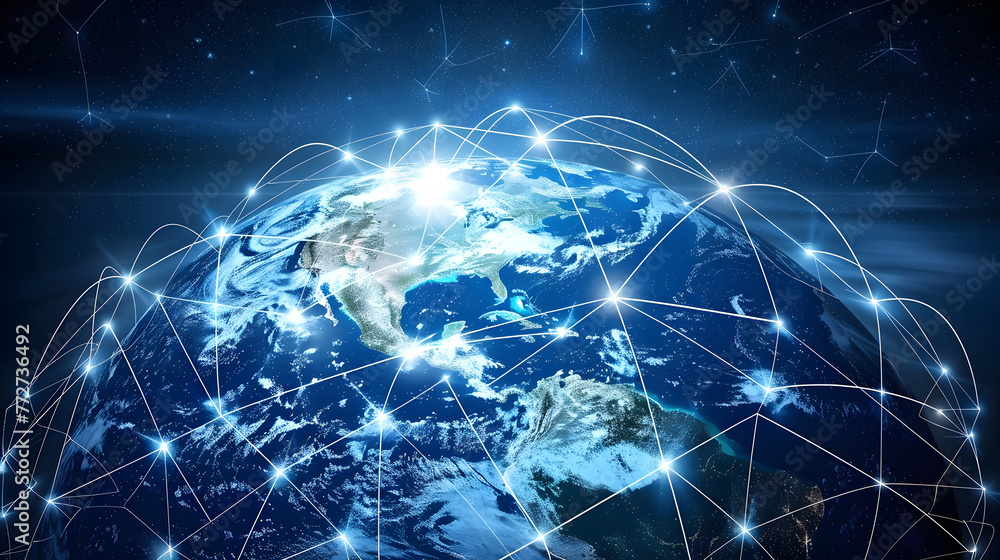 Poster concept of global network and connectivity on earth background. generative ai.