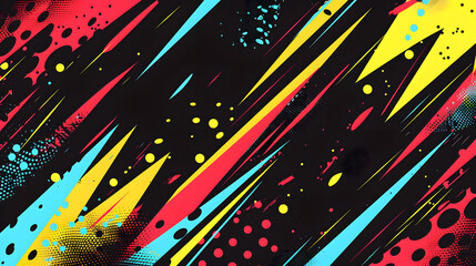 A colorful abstract background with red blue and yellow lines and dots. The background is a mix of bright and dark colors, giving it a dynamic and energetic feel - obrazy, fototapety, plakaty