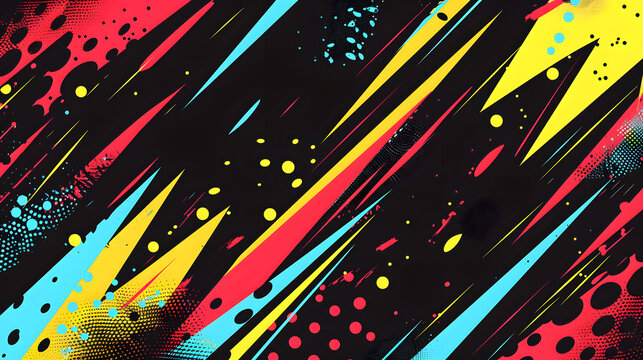 A colorful abstract background with red blue and yellow lines and dots. The background is a mix of bright and dark colors, giving it a dynamic and energetic feel