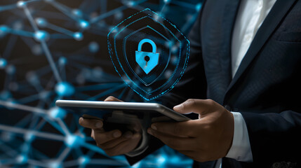 Cyber security and data protection. Businessman using digital tablet protecting business and financial data with virtual network connection. generative ai.