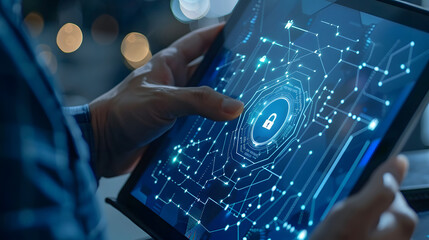 Cyber security and data protection. Businessman using digital tablet protecting business and financial data with virtual network connection. generative ai.