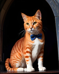 Una imagen detallada de un gato anaranjado adulto, con una corbata azul de moño - obrazy, fototapety, plakaty