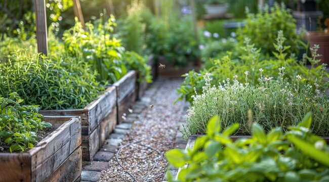 Wooden raised beds neatly arranged with rows of aromatic herbs.