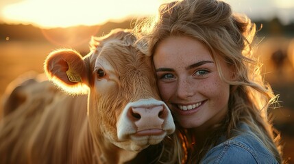 Farmer Happy young woman hugging cow with sun light, concept veterinary health care