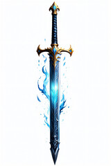 Illustration of a fantasy sword with blue fire on the white background