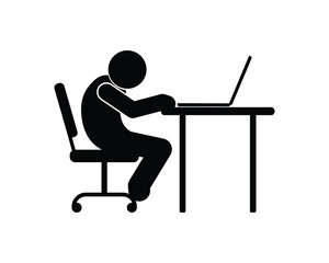 incorrect sitting at the table icon, sedentary lifestyle, hunched man with a crooked back, human silhouette stickman