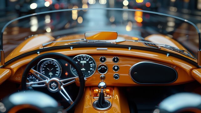 Exquisite vintage sports car interior with luxurious orange leather and polished chrome trim under the city lights.