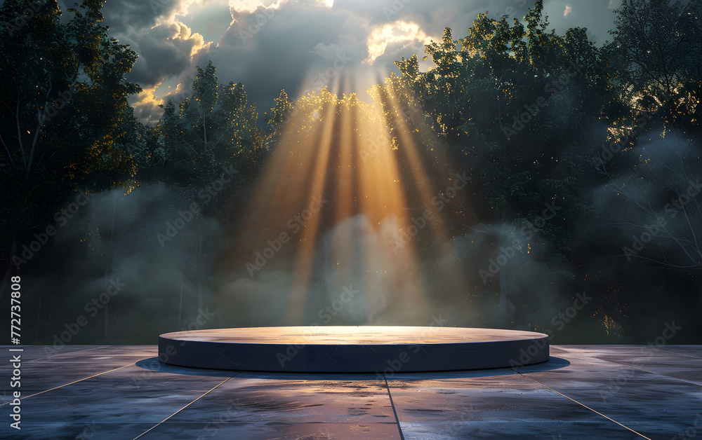 Poster a large empty stage with a foggy mist in the background. the stage is surrounded by trees and the mi