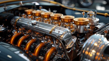 Exquisite classic car engine with polished chrome and gold tones - the art of automotive engineering