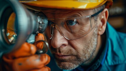 Close-up of an industrial inspector wearing safety glasses and a yellow hard hat