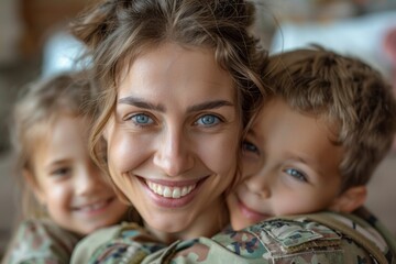 Affectionate Military Mother Shares Joyful Hugs with Her Children on Return Home - obrazy, fototapety, plakaty