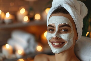Radiant beauty enjoys a spa day with a nourishing facial mask, wellness and self-care. 