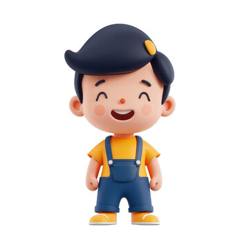 Adorable 3D cartoon of a young boy in overalls and cap, smiling joyfully, isolated on white.