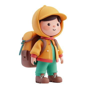 3D character of a young child ready for adventure, wearing a backpack and hooded jacket, isolated.