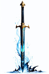 Illustration of a fantasy sword on a white background with a blue flame