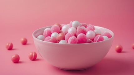 Fototapeta na wymiar a bowl of different candies on a pink studio background