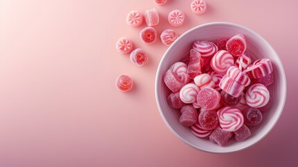 a bowl of different candies on a pink studio background