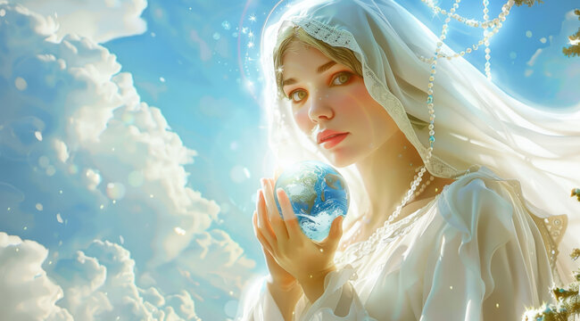 A beautiful divine Mother Mary is depicted, holding the Earth in her hands with clouds and a blue sky background