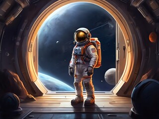 Generative AI. Astronaut Standing At The Door Of A Spaceship T-shirt Design
