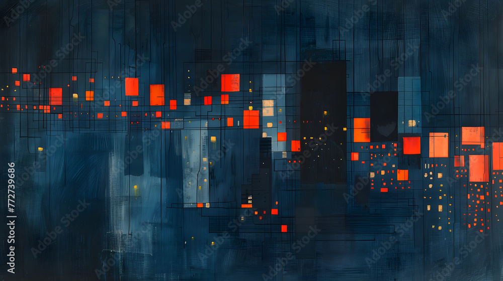 Poster a blue and orange background with many squares of different colors. the squares are arranged in a wa