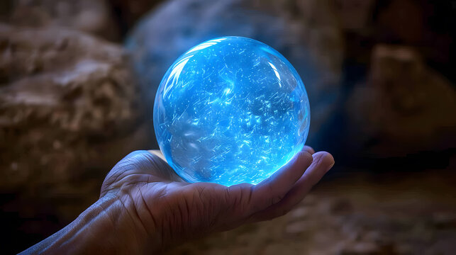 Glowing blue sphere held by human hand. generative ai.