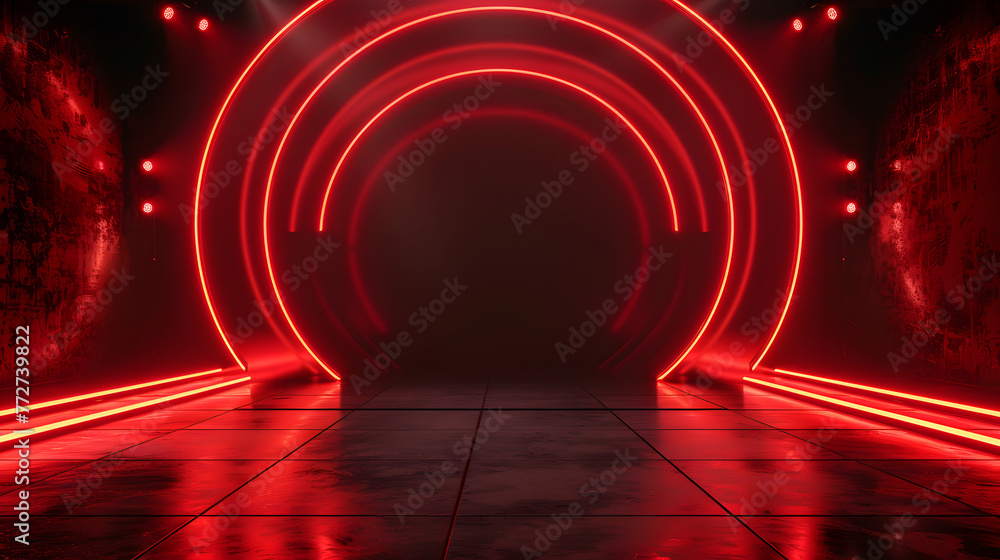 Poster an illuminated 3d-rendered scene featuring a sleek tunnel with concentric red neon rings and a refle