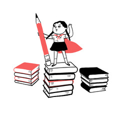 Happy cute child  standing on the tower of books and holding a huge pencil on white background.