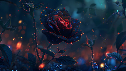 A single rose bud radiates with a neon glow, set against a dark, starlit backdrop The image captures the rose's delicate petals adorned with sparkling dewdrops, creating a magical and dreamlike scene.