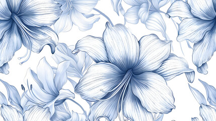 A blue and white flower pattern with a white background. The flowers are drawn in a stylized way, giving the impression of a watercolor painting. The scene is serene and calming, with the blue - obrazy, fototapety, plakaty