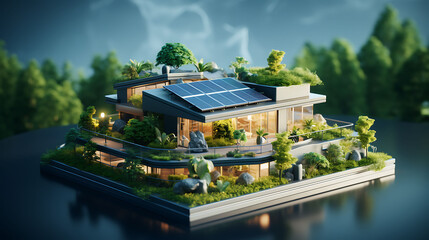 Green House energy, solar energy panels. Environmental, Social, and Corporate House Governance concept 