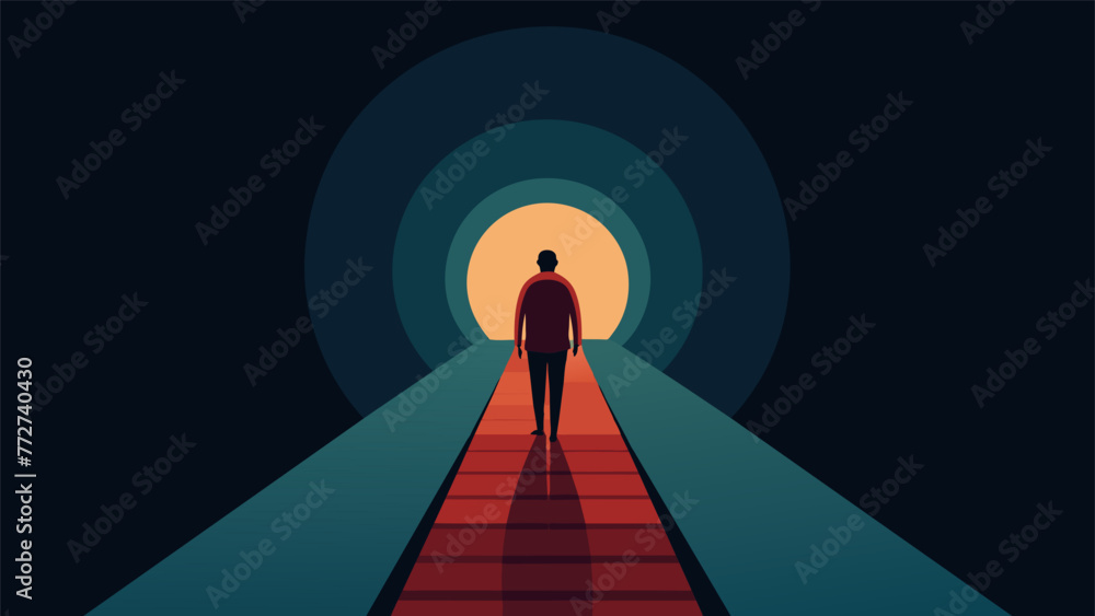Poster a person standing on a small platform in a neverending tunnel symbolizing the idea of being stuck in