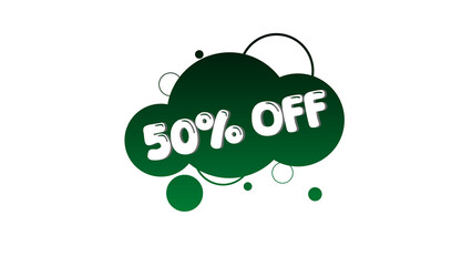 50% off word colorful bubble shape on white background.