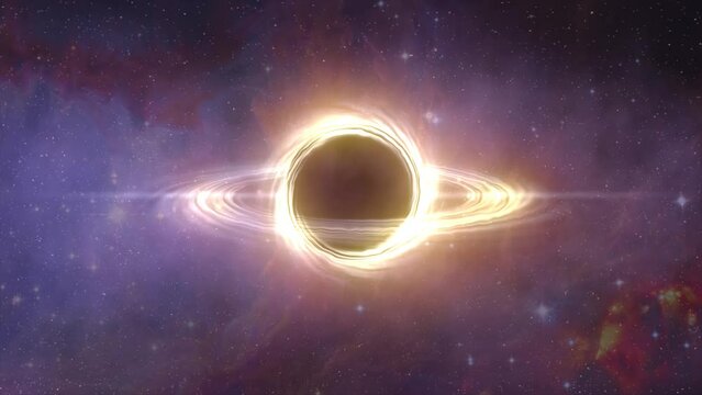High quality CGI simulation approaching a spinning black hole through a cloud of space gas and dramatic nebulae, in deep space
