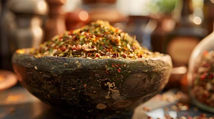 Fotobehang Seductive bowl of za'atar, a fragrant blend highlighting aromatic thyme ai image © dekreatif