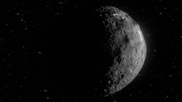 High quality and very detailed CGI render of a dramatic orbit shot of the giant asteroid Vesta in deep space