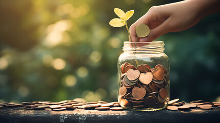Hand holding jar with heart flower on euro coins for social responsibility, charity & donation concept - obrazy, fototapety, plakaty